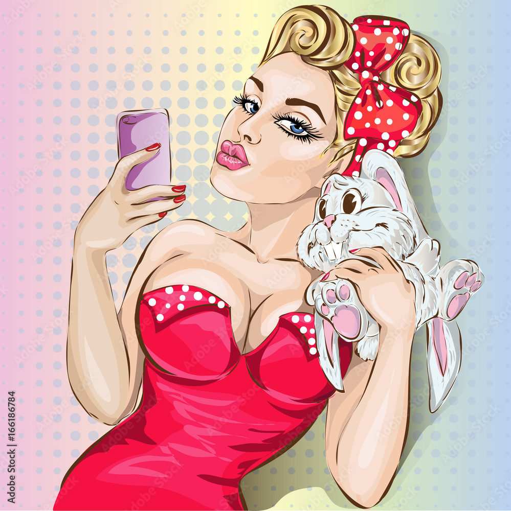 Pin up sexy woman in red take a selfie photo with funny bunny, pop art girl  hand drawn vector illustration vector de Stock | Adobe Stock