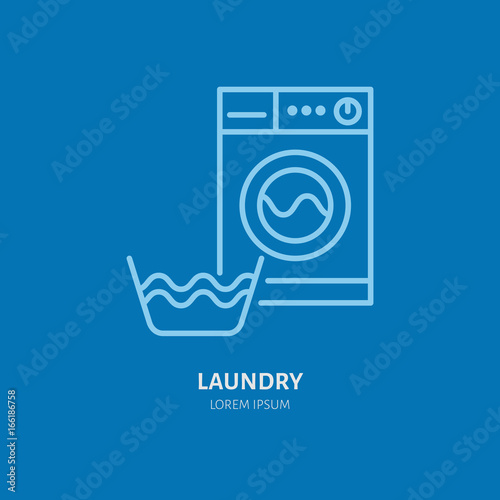 Washing machine icon, washer line logo. Flat sign for launderette service. Logotype for self-service laundry, clothing cleaning business.