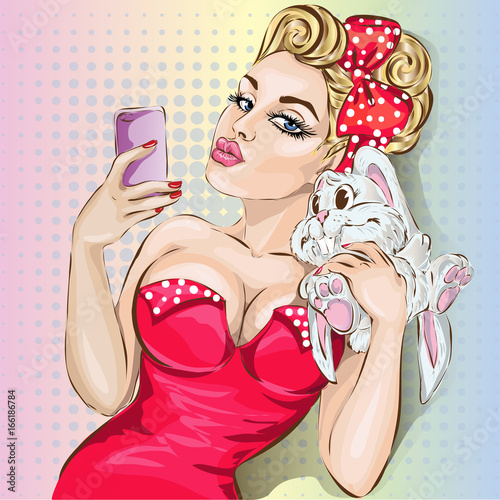 Pin up sexy woman in red take a selfie photo with funny bunny, pop art girl hand drawn vector illustration