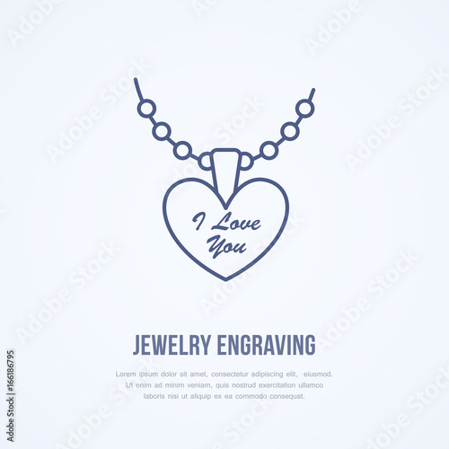 Pendant on chain jewelry illustration. Flat line icon for engraving service, jewellery store logo. Engraved jewels accessories sign.