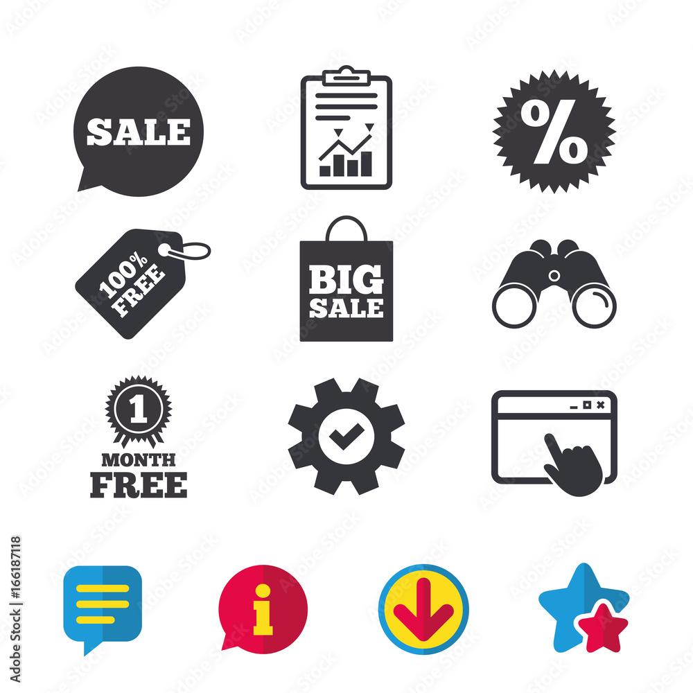 Sale speech bubble icon. Discount star symbol. Big sale shopping bag sign. First month free medal. Browser window, Report and Service signs. Binoculars, Information and Download icons. Stars and Chat Sale speech bubble icon. Discount star symbol. Big sale shopping bag sign. First month free medal. Browser window, Report and Service signs. Binoculars, Information and Download icons. Stars and Chat