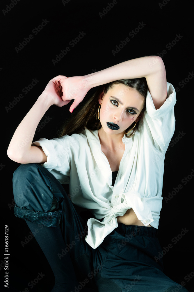 Girl with fashionable makeup in shirt. Girl with fashionable makeup in shirt.