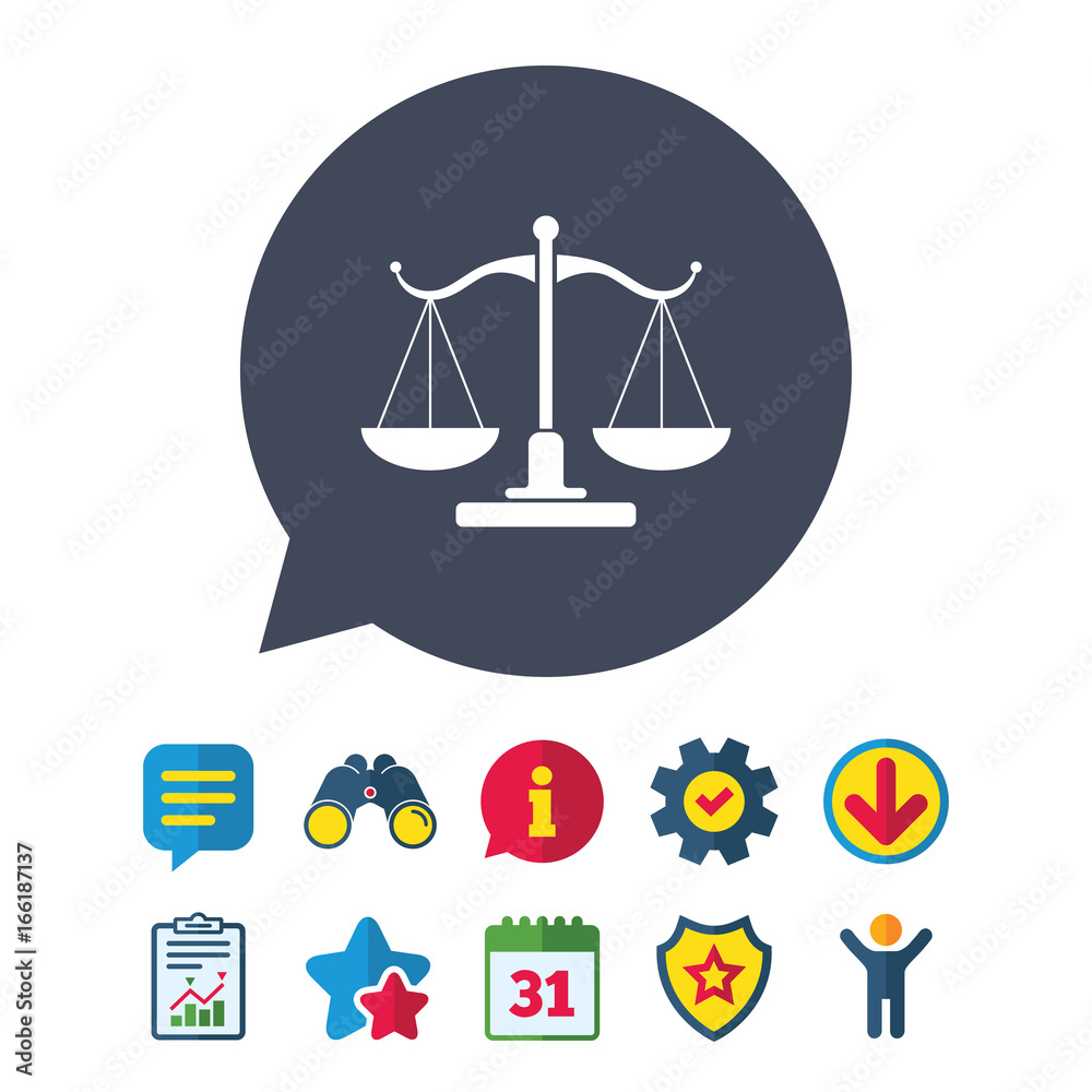 Scales of Justice sign icon. Court of law symbol. Information, Report and Speech bubble signs. Binoculars, Service and Download, Stars icons. Vector Scales of Justice sign icon. Court of law symbol. Information, Report and Speech bubble signs. Binoculars, Service and Download, Stars icons. Vector