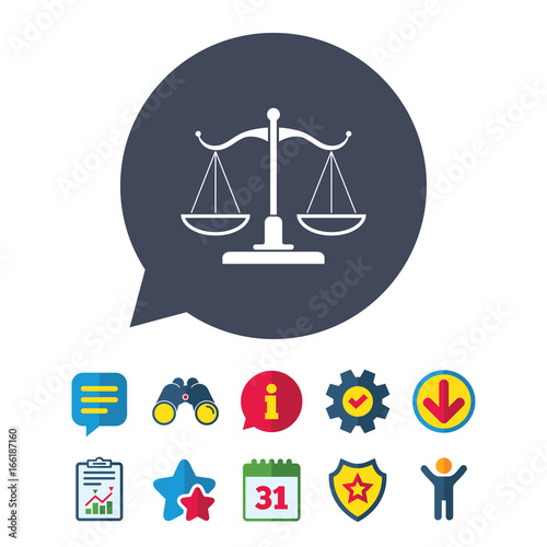 Scales of Justice sign icon. Court of law symbol. Information, Report and Speech bubble signs. Binoculars, Service and Download, Stars icons. Vector
