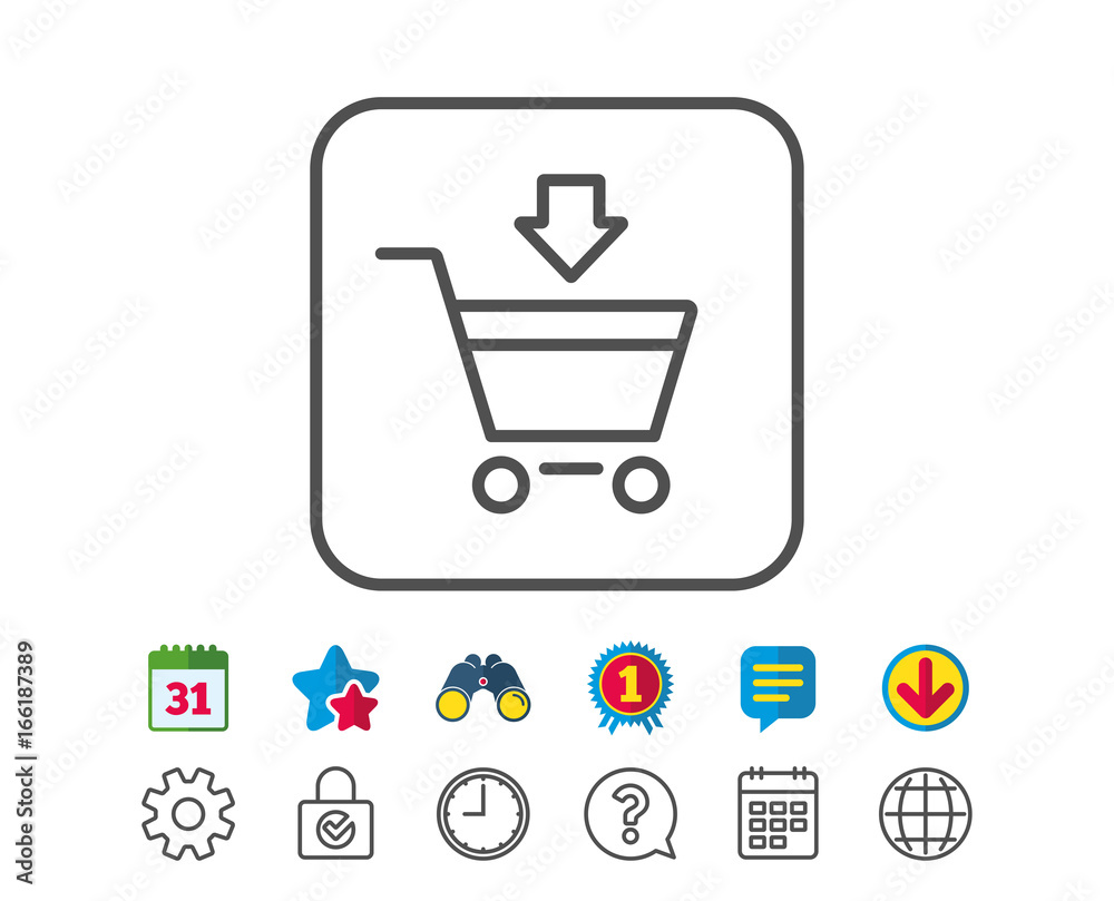 Add to Shopping cart line icon. Online buying sign. Supermarket basket symbol. Calendar, Globe and Chat line signs. Binoculars, Award and Download icons. Editable stroke. Vector Add to Shopping cart line icon. Online buying sign. Supermarket basket symbol. Calendar, Globe and Chat line signs. Binoculars, Award and Download icons. Editable stroke. Vector