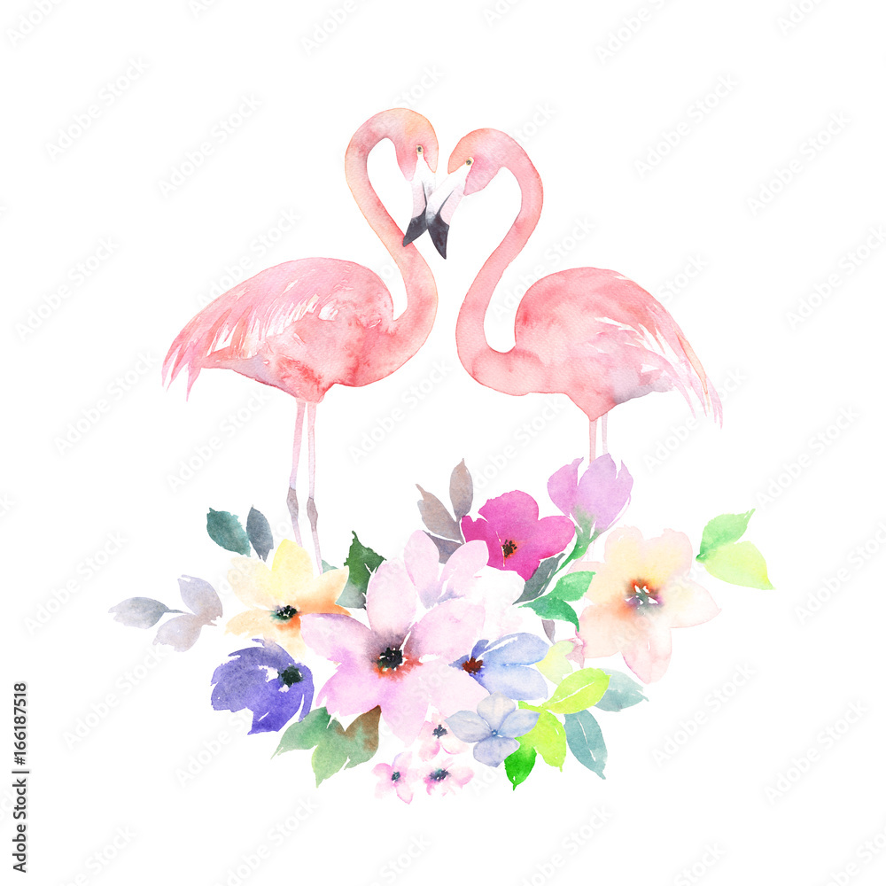 Obraz premium Couple pink flamingos and bouquet flowers. Watercolor print for invitation, birthday, celebration, greeting card