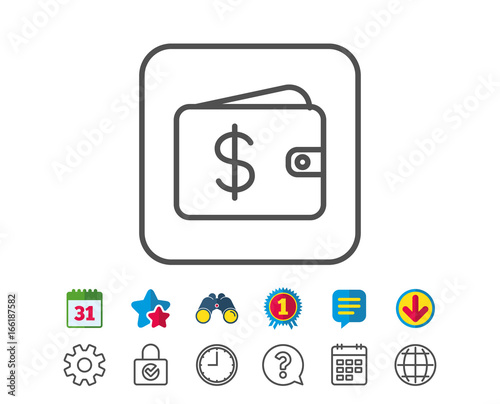Shopping Wallet line icon. Dollar sign. USD Money pocket symbol. Calendar, Globe and Chat line signs. Binoculars, Award and Download icons. Editable stroke. Vector
