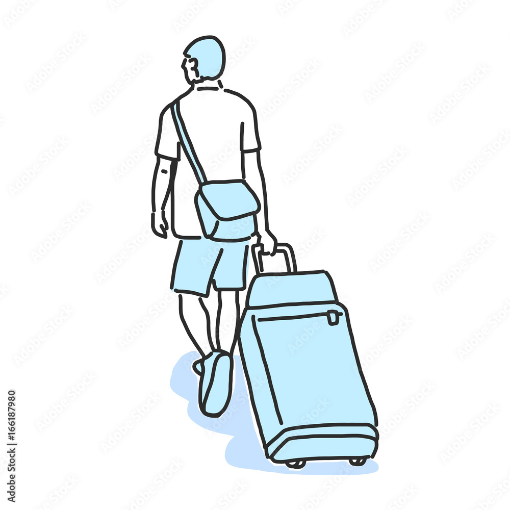 Tourists Moving Through Airport With Luggage. hand drawn. line drawing. vector illustration. Cartoon.