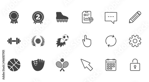 Sport games, fitness icons. Football, basketball and volleyball signs. Dumbbell, baseball and winner award symbols. Chat, Report and Calendar line signs. Service, Pencil and Locker icons. Vector