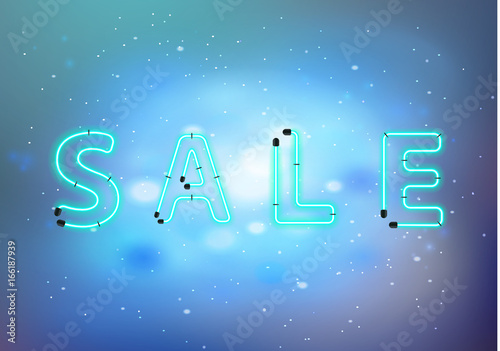 Sale neon letters on blue background, promotion illustration