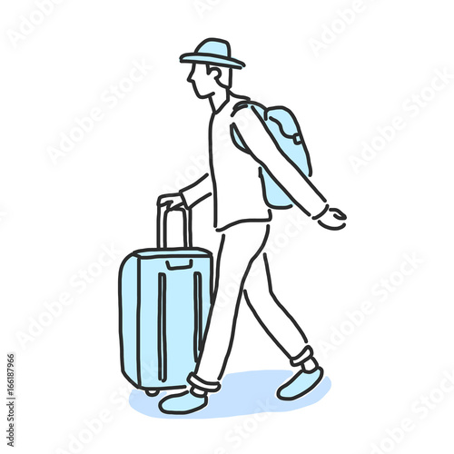 Tourists Moving Through Airport With Luggage. hand drawn. line drawing. vector illustration. Cartoon.