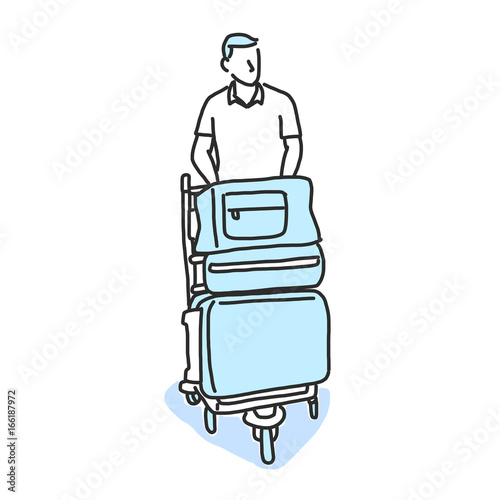 Tourists Moving Through Airport With Luggage. hand drawn. line drawing. vector illustration. Cartoon.