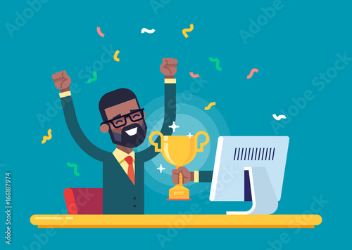 Handsome african american businessman got a gold award in the online contest from monitor. Modern male character. Flat vector.