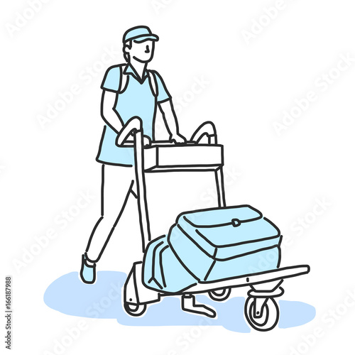 Tourists Moving Through Airport With Luggage. hand drawn. line drawing. vector illustration. Cartoon.