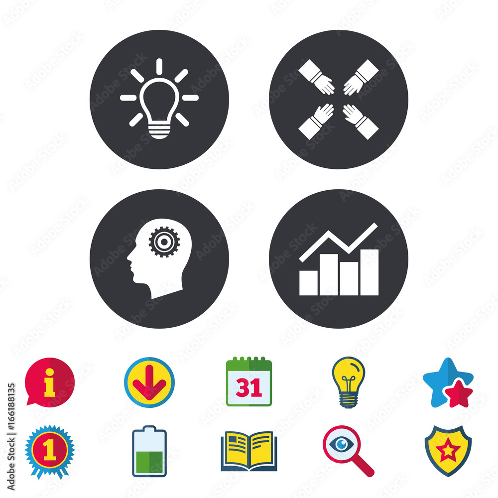 Lamp idea and head with gear icons. Graph chart diagram sign. Teamwork symbol. Calendar, Information and Download signs. Stars, Award and Book icons. Light bulb, Shield and Search. Vector Lamp idea and head with gear icons. Graph chart diagram sign. Teamwork symbol. Calendar, Information and Download signs. Stars, Award and Book icons. Light bulb, Shield and Search. Vector