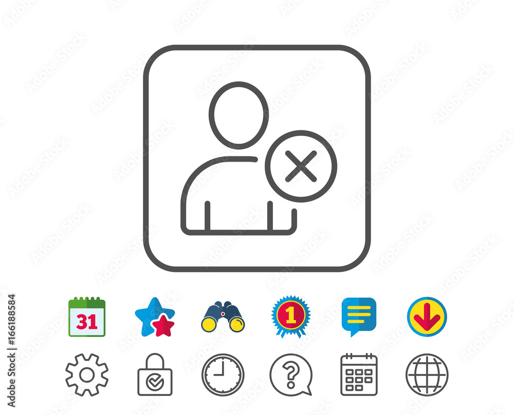 Remove User line icon. Profile Avatar sign. Person silhouette symbol. Calendar, Globe and Chat line signs. Binoculars, Award and Download icons. Editable stroke. Vector Remove User line icon. Profile Avatar sign. Person silhouette symbol. Calendar, Globe and Chat line signs. Binoculars, Award and Download icons. Editable stroke. Vector