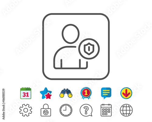 User Protection line icon. Profile Avatar with shield sign. Person silhouette symbol. Calendar, Globe and Chat line signs. Binoculars, Award and Download icons. Editable stroke. Vector