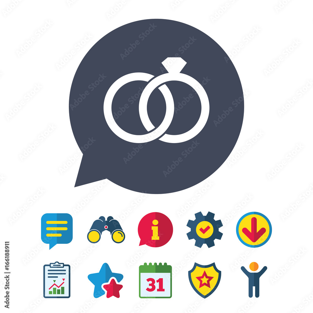 Wedding rings sign icon. Engagement symbol. Information, Report and Speech  bubble signs. Binoculars, Service and Download, Stars icons. Vector Stock  Vector | Adobe Stock