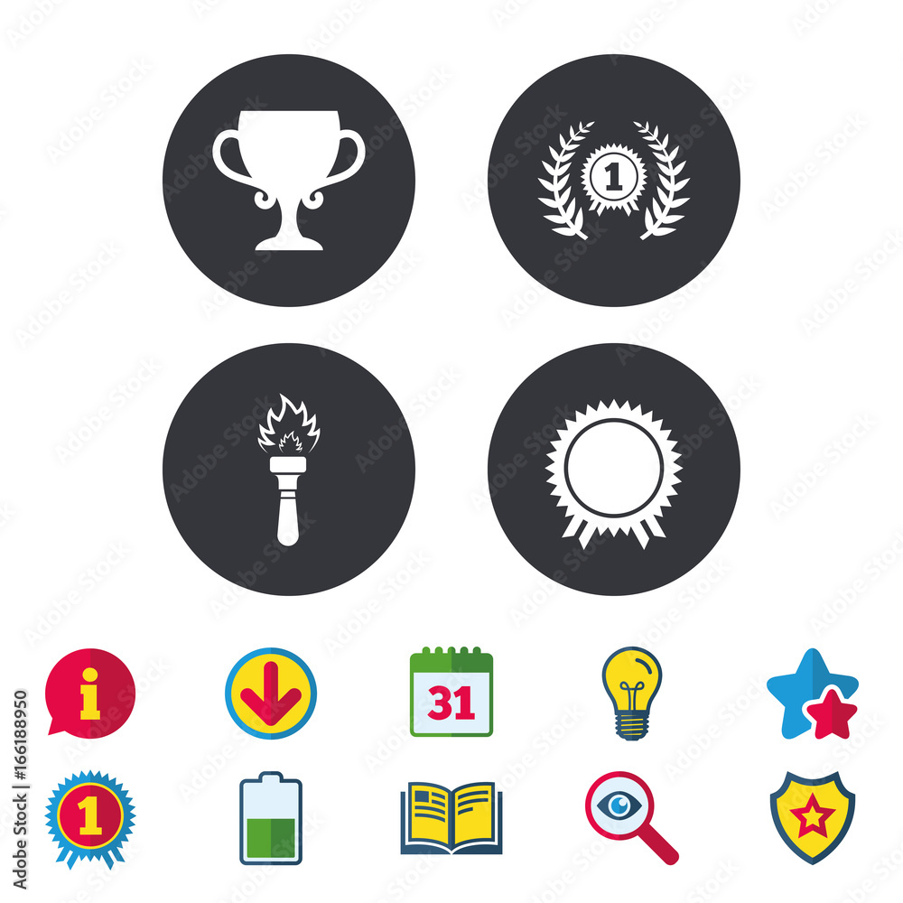 First place award cup icons. Laurel wreath sign. Torch fire flame symbol. Prize for winner. Calendar, Information and Download signs. Stars, Award and Book icons. Light bulb, Shield and Search. Vector First place award cup icons. Laurel wreath sign. Torch fire flame symbol. Prize for winner. Calendar, Information and Download signs. Stars, Award and Book icons. Light bulb, Shield and Search. Vector
