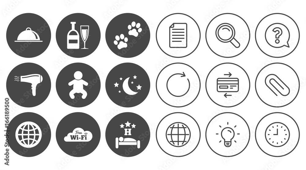 Hotel, apartment service icons. Restaurant sign. Alcohol drinks, wi-fi internet and sleep symbols. Document, Globe and Clock line signs. Lamp, Magnifier and Paper clip icons. Vector