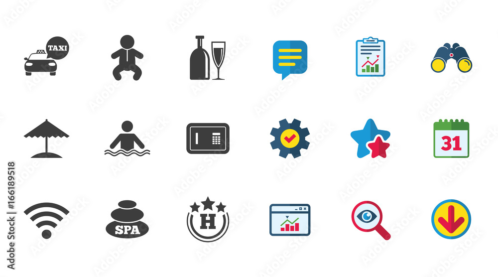 Hotel, apartment service icons. Spa, swimming pool signs. Alcohol drinks, wifi internet and safe symbols. Calendar, Report and Download signs. Stars, Service and Search icons. Vector