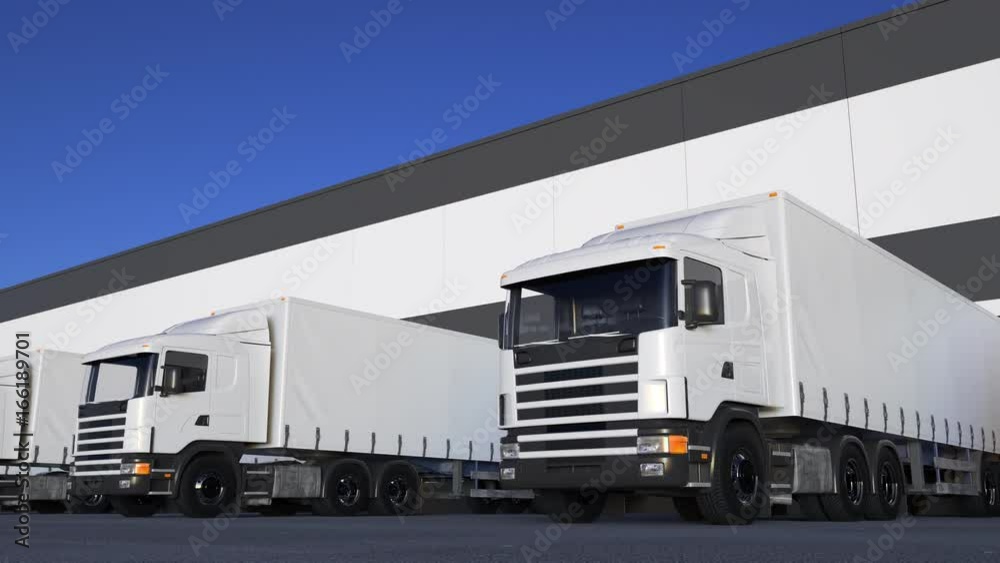 White freight semi trucks loading or unloading. Road cargo transportation. Seamless loop 4K clip