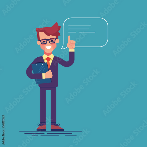Handsome businessman with glasses raising up his finger to give advice or recommendation. Cute man speaking with speech bubble and holding clipboard. Colorful flat vector illustration.
