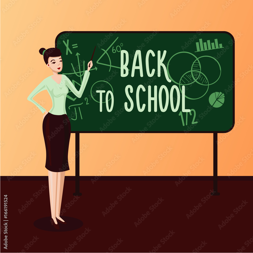 Back to School. Female teacher in a classroom standing near chalk board. Back to School. Female teacher in a classroom standing near chalk board.