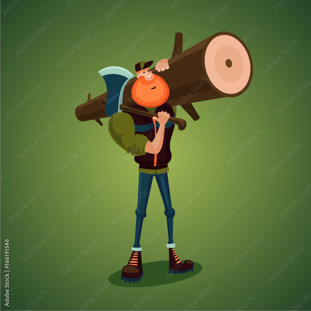 Strong lumberjack carries axe and big log. Isolated 3d cartoon character.