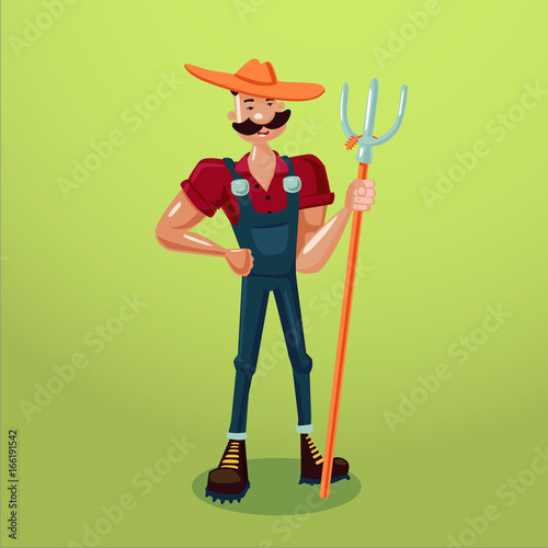 Farmer with a pitchfork. Isolated cartoon character. Country worker.