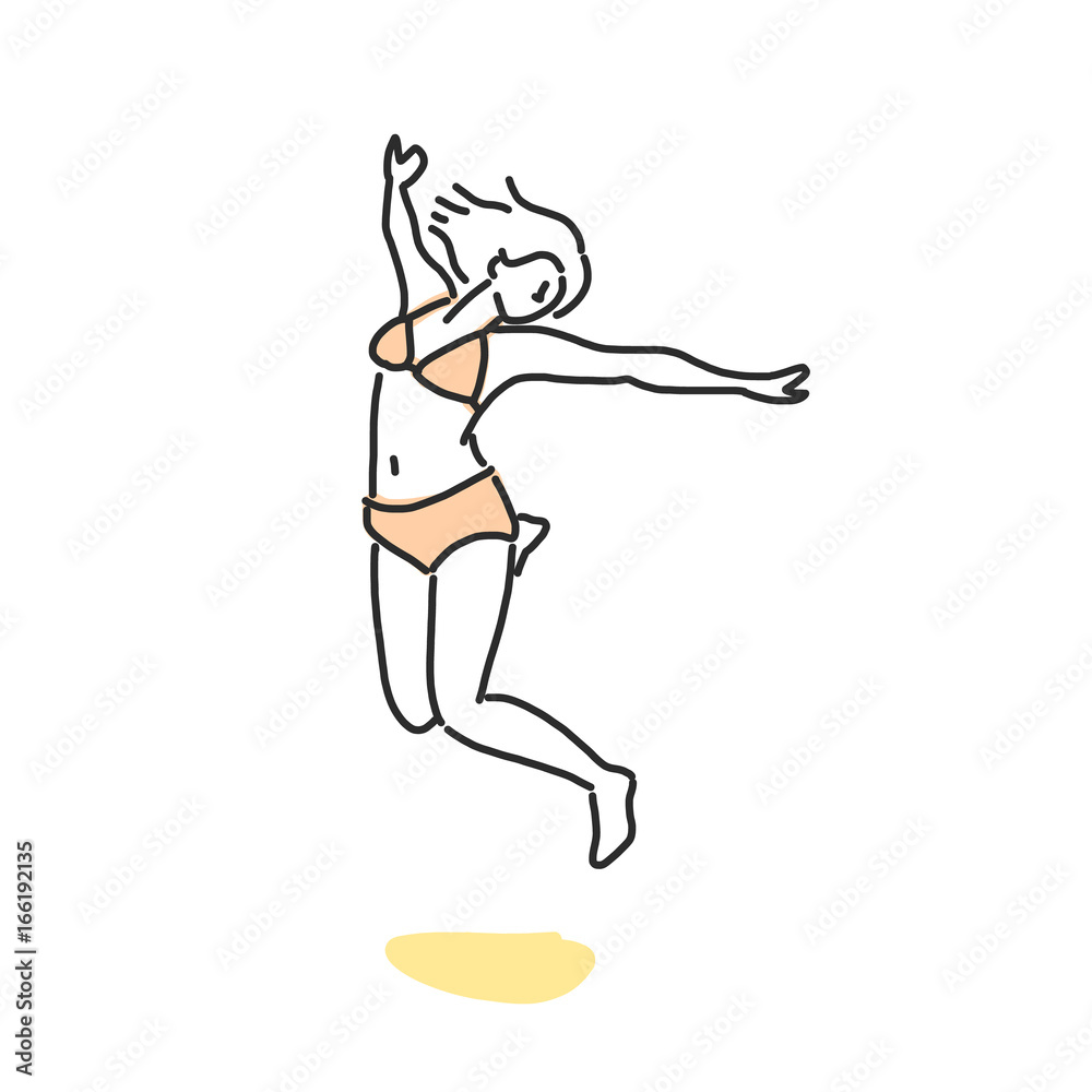 People on the beach. jumping. Summer Time. hand drawn. line drawing. vector illustration.