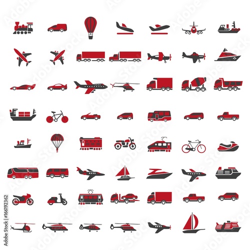 Vehicles of all kinds big illustrations set in red colors