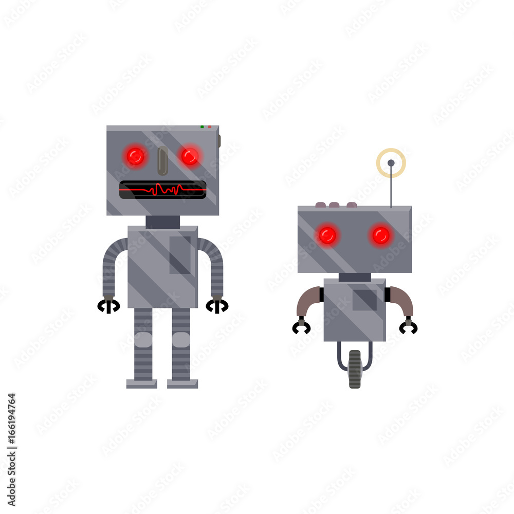 Two vintage, retro style robot characters with wheel and legs, cartoon vector illustration isolated on white background. Retro, vintage metal robot characters, cartoon style illustration
