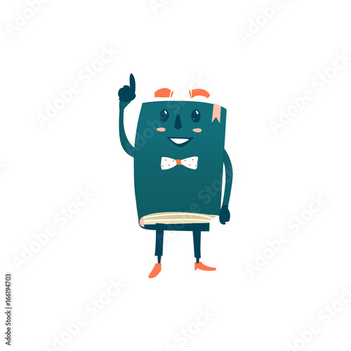 Vector cartoon humanized book. Happy ,smiling character with arms and face emotions in bowtie points something out. Flat isolated illustration on a white background. Back to school concept