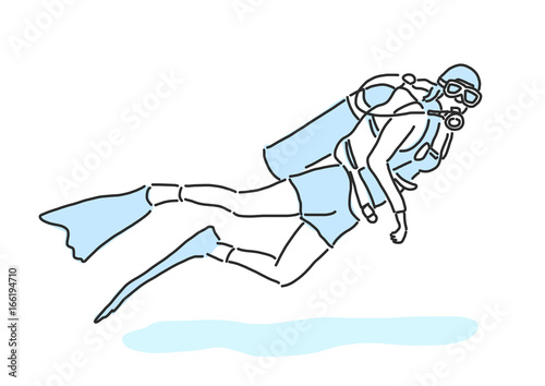 summer sports. scuba diving in variety poses. hand drawn. line drawing. vector illustration.