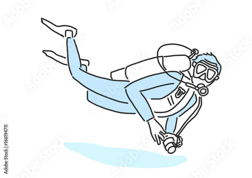 summer sports. scuba diving in variety poses. hand drawn. line drawing. vector illustration.