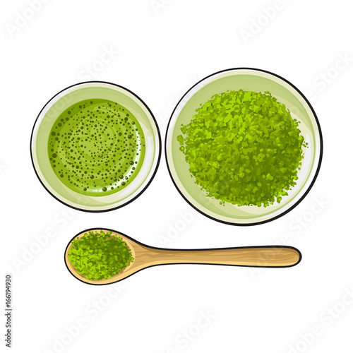 Hand drawn bowl and bamboo spoon of matcha powder, green tea cup, sketch vector illustration isolated on white background. Realistic hand drawing of matcha green tea powder and hot matcha tea cup