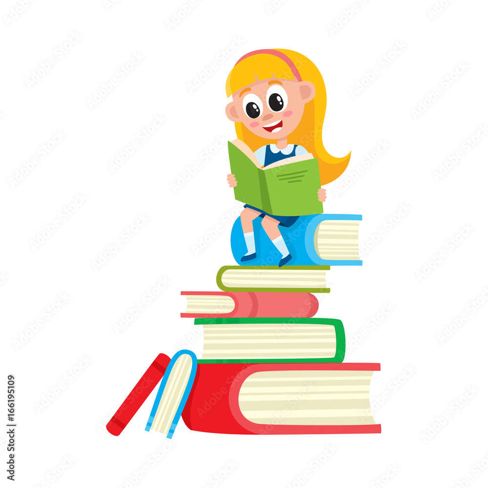 Little girl reading, sitting on huge pile, stack of books, cartoon vector illustration isolated on white background. Girl reading on a tall stack of book, back to school, learning, studying concept