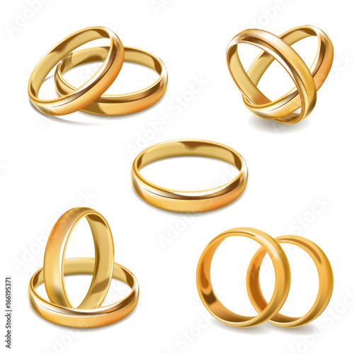 Gold wedding rings pair vector 3D realistic icons set
