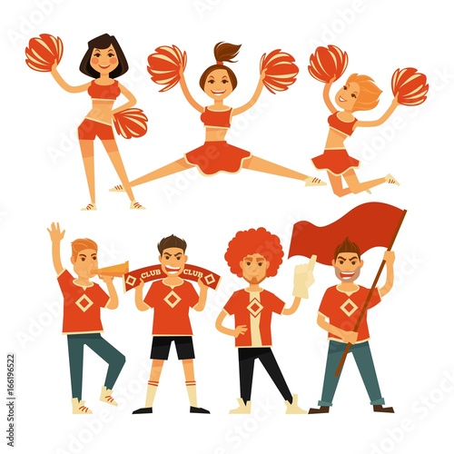 Cheerleaders and sport club cheerleading fans vector flat icons