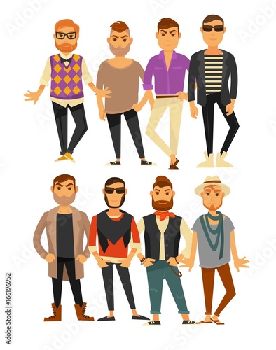 Men fashion models in different casual clothes vector flat isolated icons set