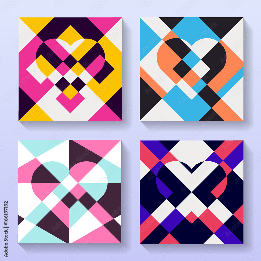 Set of geometric hearth background cards flat design. Vintage romantic pattern for poster or banner vector design. Set of geometric hearth background cards flat design. Vintage romantic pattern for poster or banner vector design.