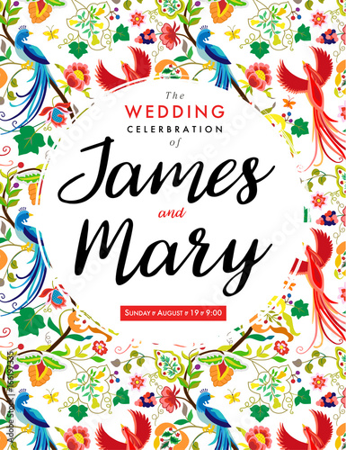 Wedding invitation card suite with romantic birds and flower. Vector template with ethnic peacocks, flowers and hand drawn text invitation of wedding