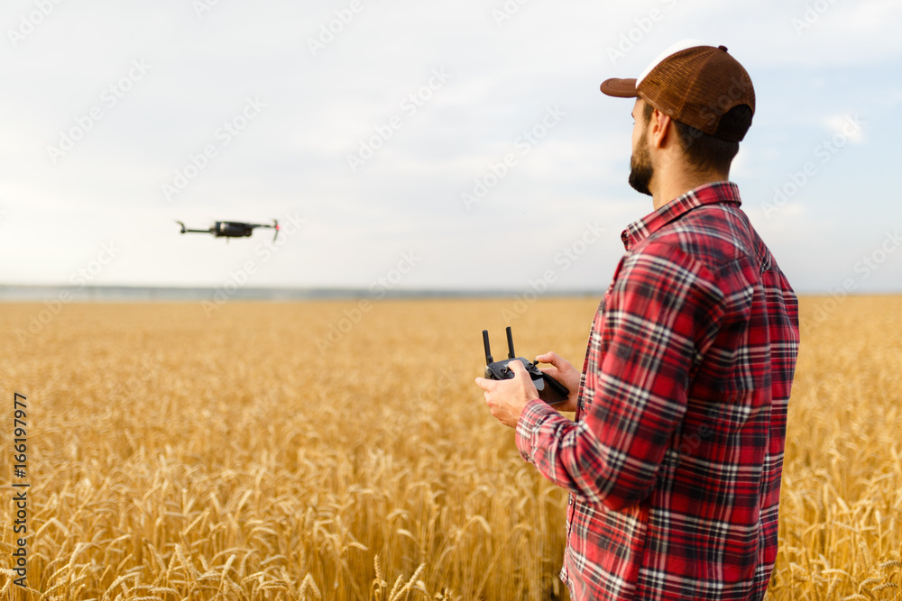 © artiemedvedev - Farmer holds remote controller with his hands while copter is flying on background. Drone hovers behind the agronomist in wheat field. Agricultural new technologies and innovations. Back view © artiemedvedev - Farmer holds remote controller with his hands while copter is flying on background. Drone hovers behind the agronomist in wheat field. Agricultural new technologies and innovations. Back view