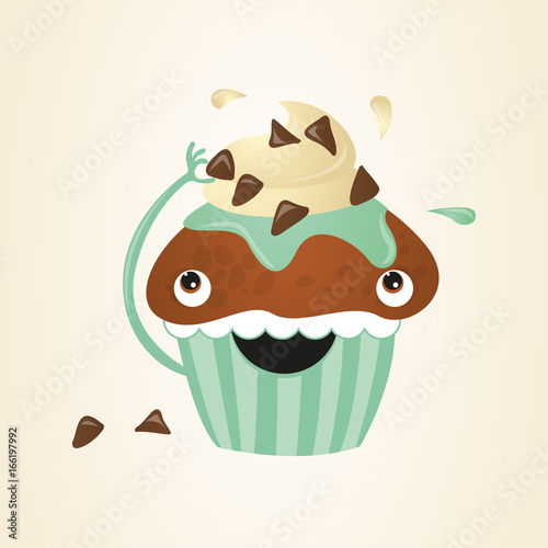 Cheerful cake with whipped cream, confectionery, baby illustration, cupcakes