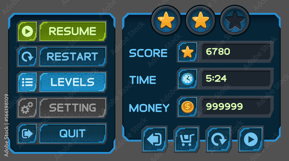 Interface buttons set for space games or apps. Vector illustration. Easy to edit. Isolated on gray