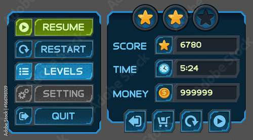 Interface buttons set for space games or apps. Vector illustration. Easy to edit. Isolated on gray