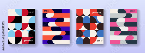 Set of flat poster cards with geometric shape elements vector design.
