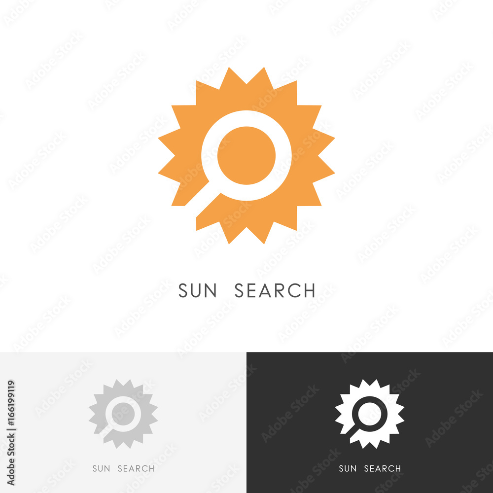 Sun search logo - warm sunny weather and loupe or magnifier symbol. Travel agency and hot summer vector icon.