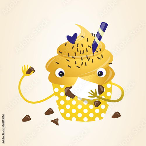 Cheerful cake with whipped cream, confectionery, baby illustration, cupcakes